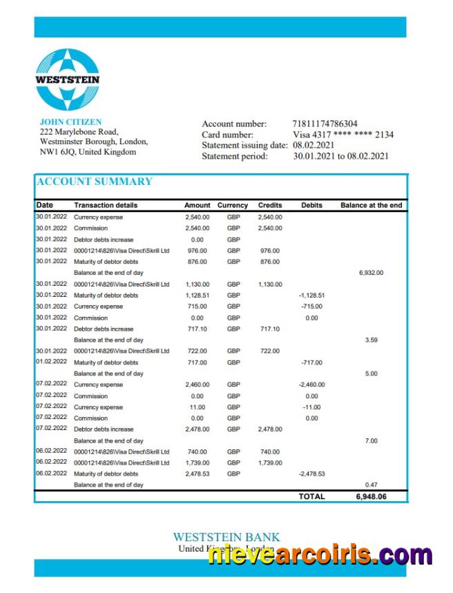 United Kingdom Weststein Bank excel